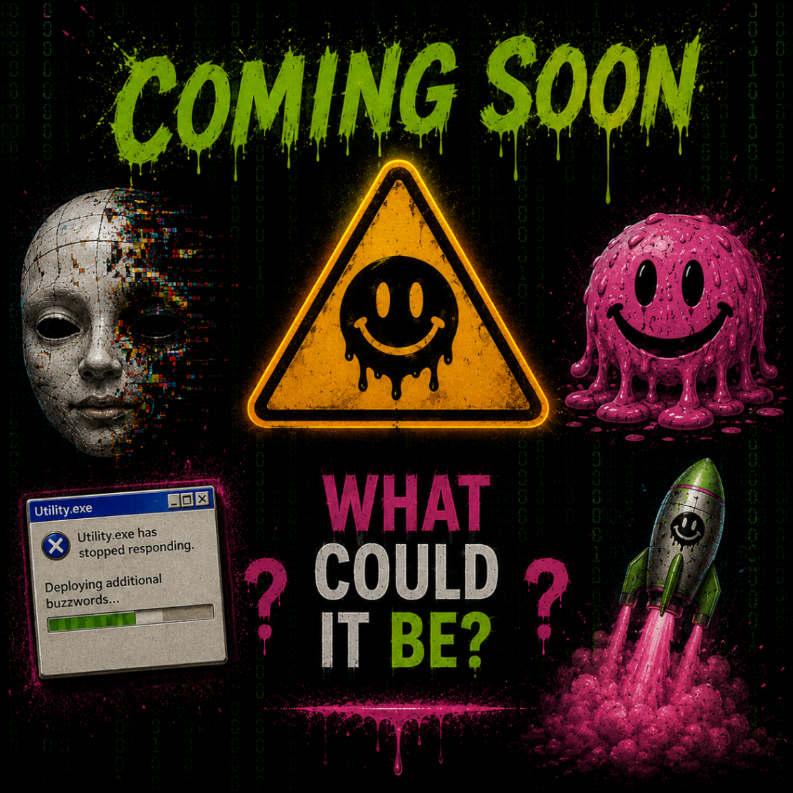 Coming soon REVSLOP warning poster with smiley caution sign, rocket, and glitchy mask