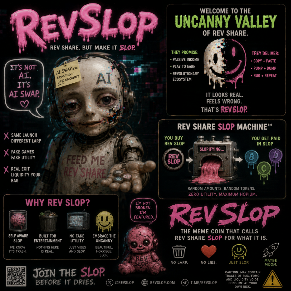 REVSLOP poster banner featuring a creepy android mascot, rev share satire panels, and a dark neon propaganda layout