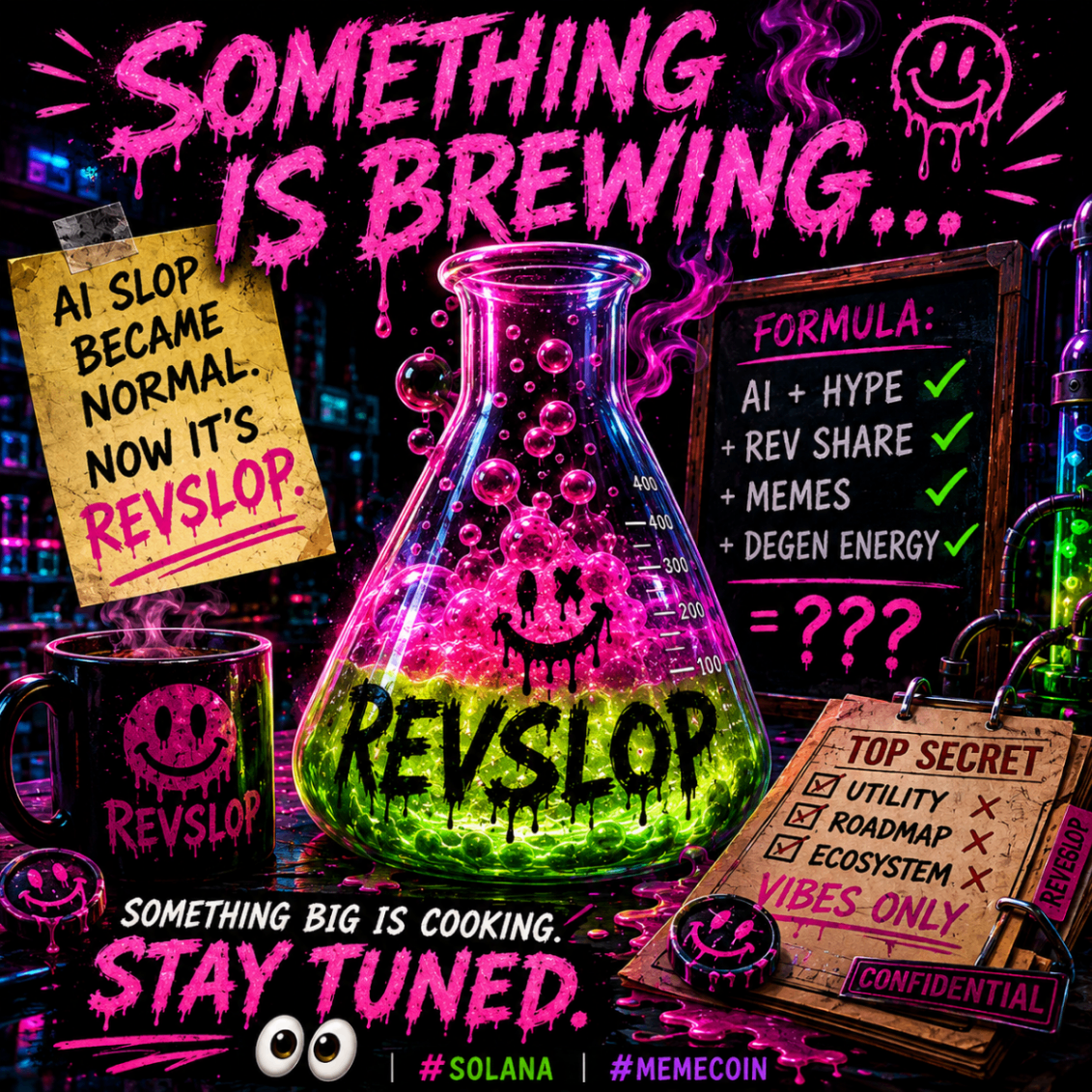 REVSLOP brewing laboratory poster with neon pink flask and satirical formula notes